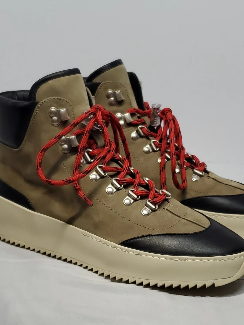 Fear of God Men's Ankle Hiking Boots Leather Lace-Up Olive-Beige/Black/Red US 42